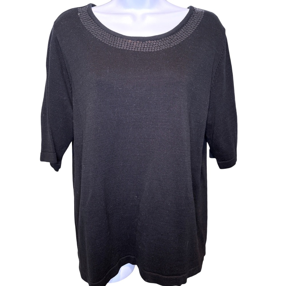 Quacker Factory Womens Black Sequin Scoop Neck Sweater M Excellent Sparkly Flowy